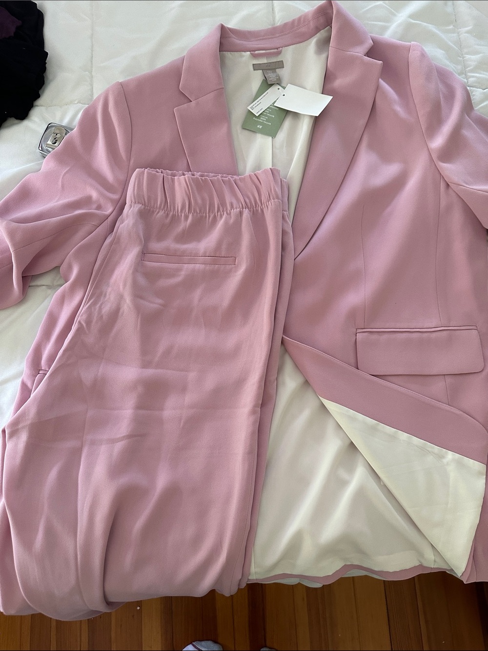H&M Pastel Dusty Pink Draped Open-Front Blazer and pant suit.